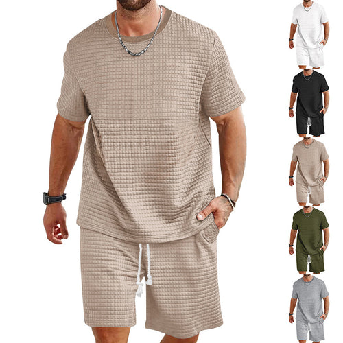 Men's waffle structure lounge and leisure set with wide-cut short-sleeve shirt and shorts with elastic waistband StylebySassy