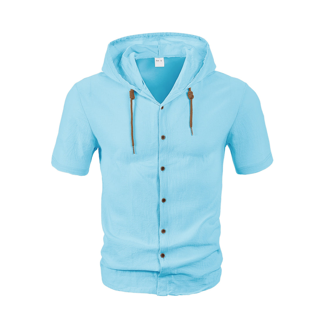 Men's crinkled short-sleeve hooded shirt made of cotton with button placket and drawstring StylebySassy