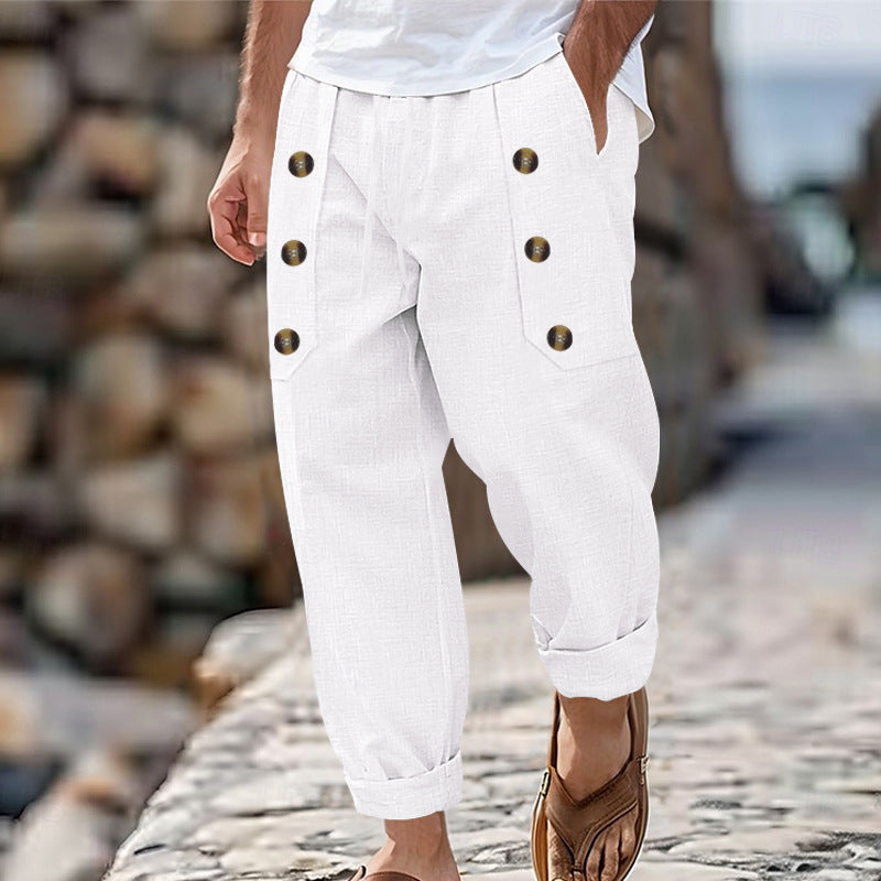 Men's loose linen trousers with decorative button stripes, rolled ankle cuffs, and side pockets StylebySassy