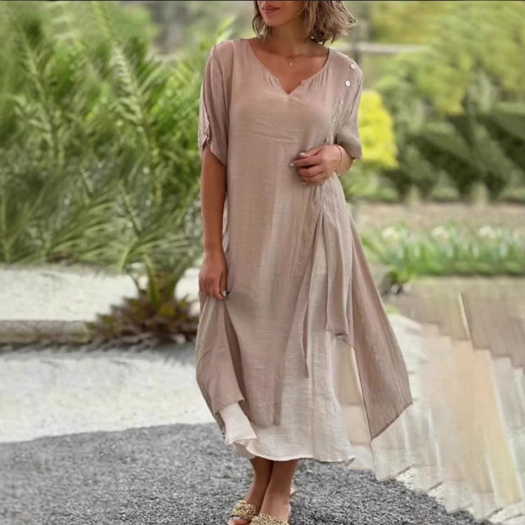 Women’s two-layer layered dress with asymmetric hem and decorative button placket StylebySassy