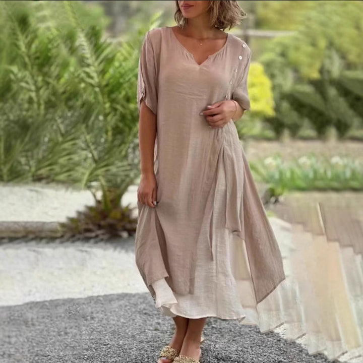Women’s two-layer layered dress with asymmetric hem and decorative button placket StylebySassy