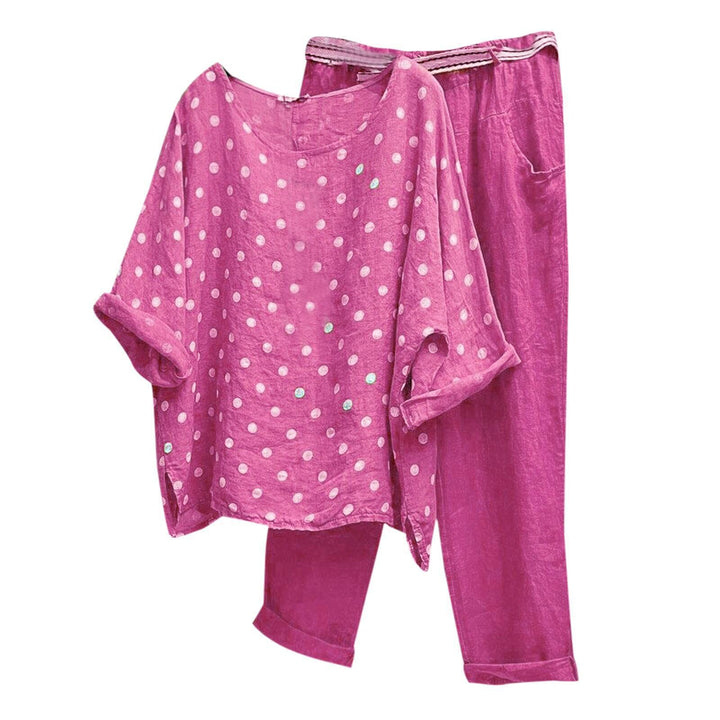 Women's Linen Loungewear Set with Polka Dot Oversized Tunic and Elastic Waist Pants StylebySassy
