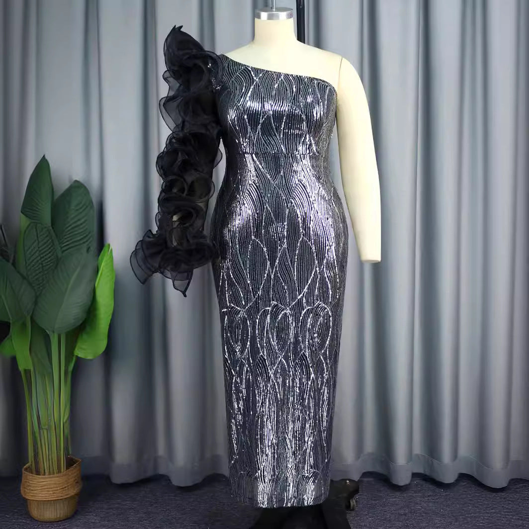 Women's Glittering Evening Dress with Asymmetrical Cut and Voluminous Ruffle Details StylebySassy