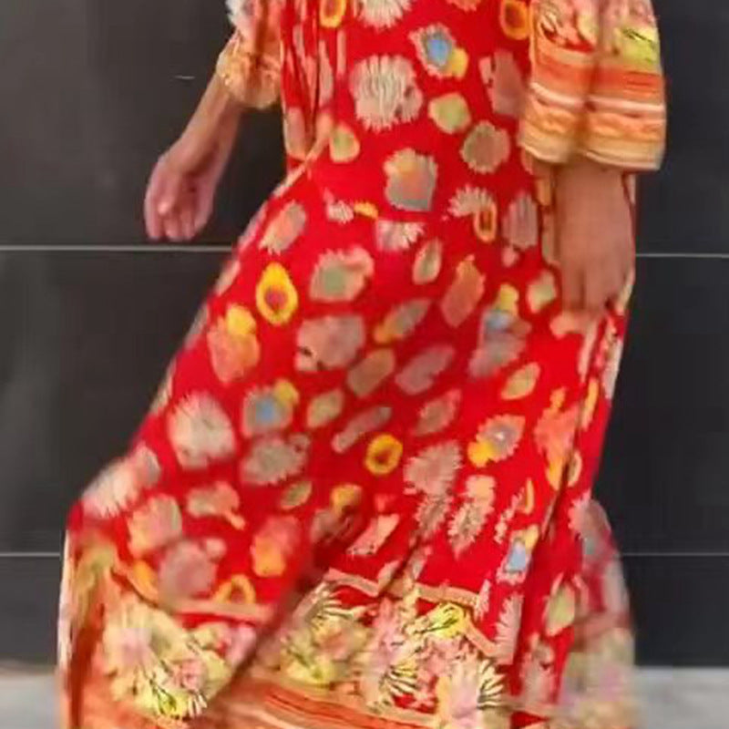 Women's airy kaftan midi dress with folk-inspired border print, V-neckline, tassel ties, and flounce bell sleeves StylebySassy