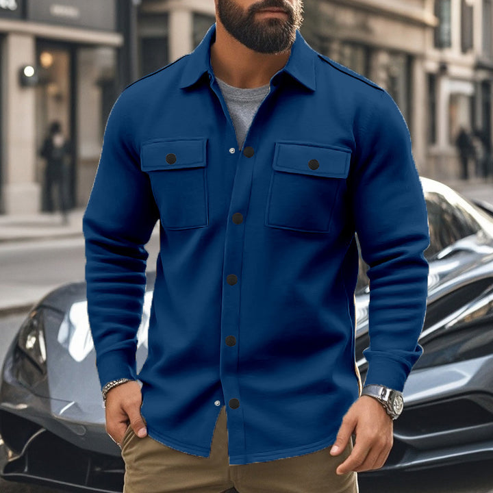 Men's wool blend overshirt jacket with flap pockets, concealed button placket, and shirt collar StylebySassy