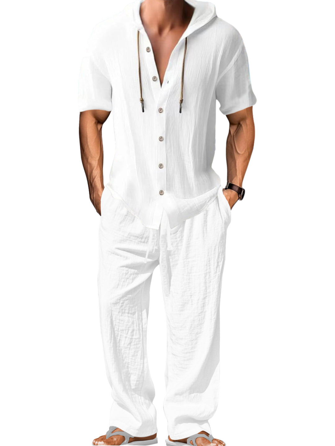 Men's airy linen lounge set with short-sleeved hoodie and straight relaxed pants StylebySassy