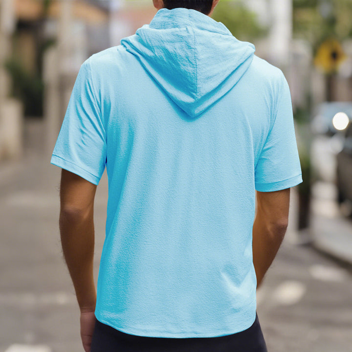 Men's crinkled short-sleeve hooded shirt made of cotton with button placket and drawstring StylebySassy
