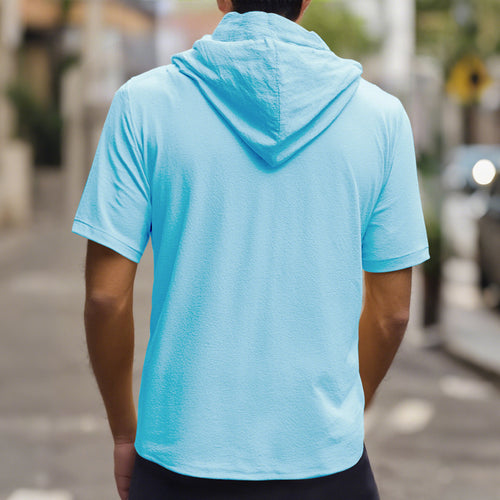 Men's crinkled short-sleeve hooded shirt made of cotton with button placket and drawstring StylebySassy