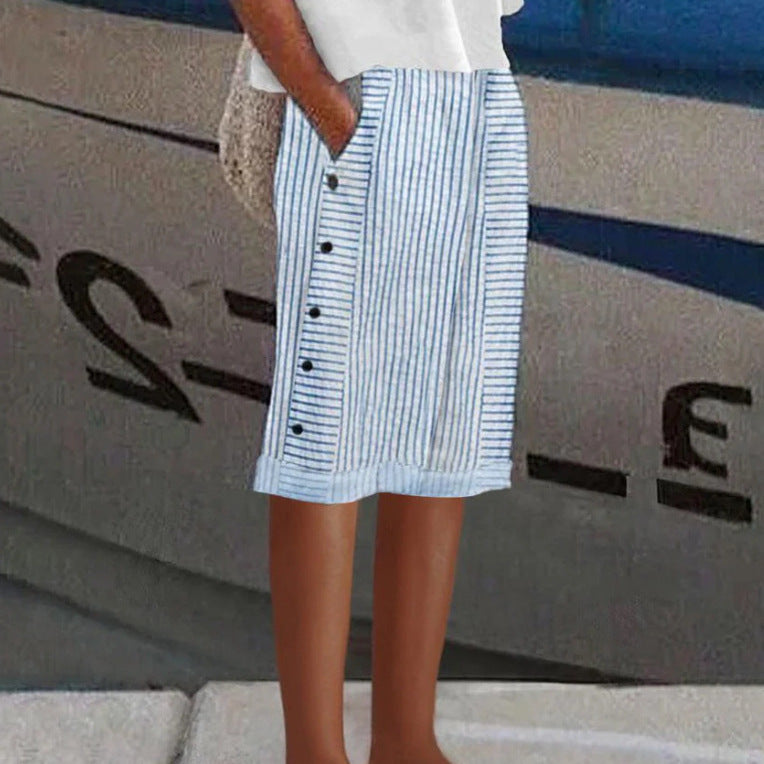 Women knee-length linen blend skirt with side button placket and side pockets StylebySassy
