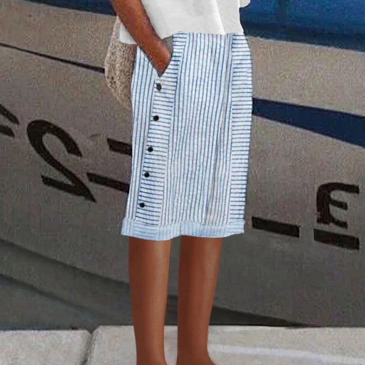 Women knee-length linen blend skirt with side button placket and side pockets StylebySassy