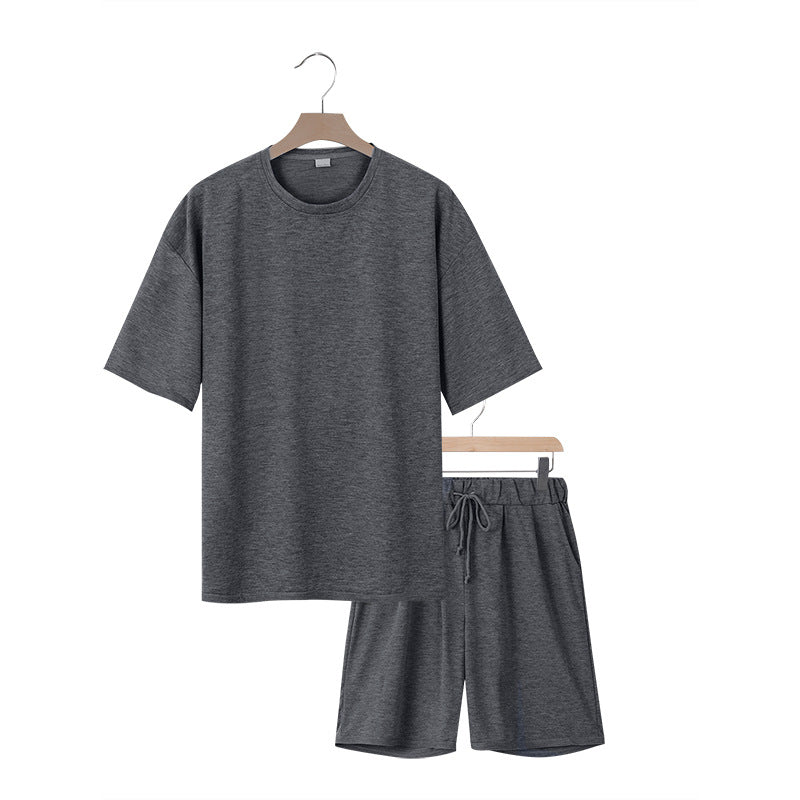 Men's relaxed jersey set with extended round neck t-shirt and elastic drawstring shorts StylebySassy