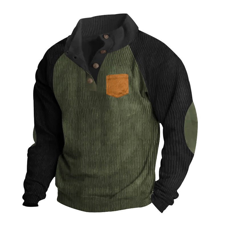 Men's structured half-button knit pullover in cord look with raglan sleeves, front chest pocket, and elbow patches StylebySassy