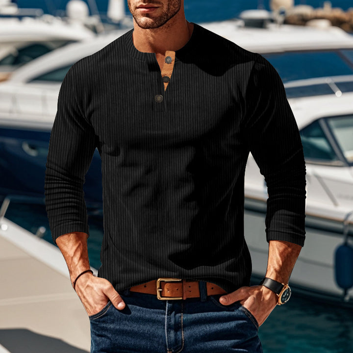 Men's ribbed long-sleeve Henley shirt with stand-up collar and concealed placket made of breathable jersey StylebySassy