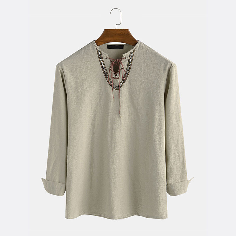 Men's linen tunic shirt with lacing and ethnic border StylebySassy