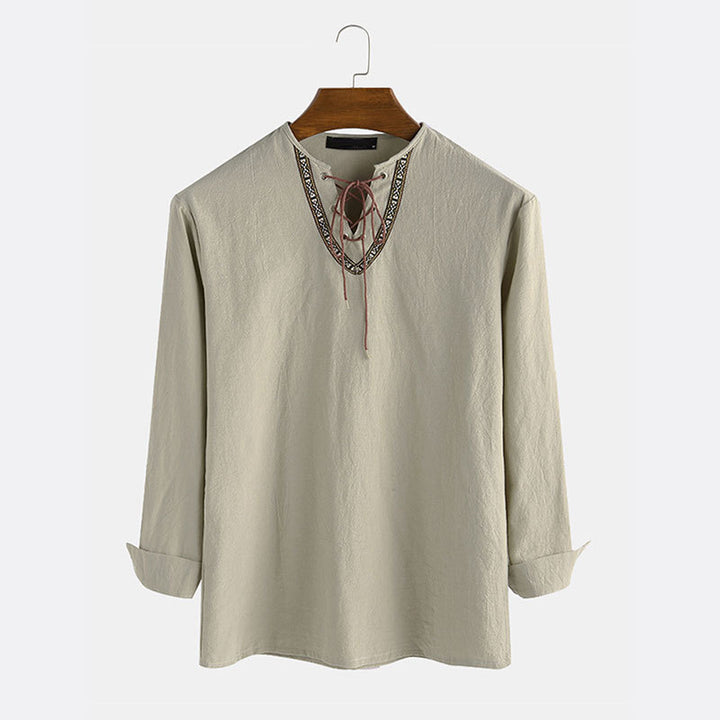 Men's linen tunic shirt with lacing and ethnic border StylebySassy