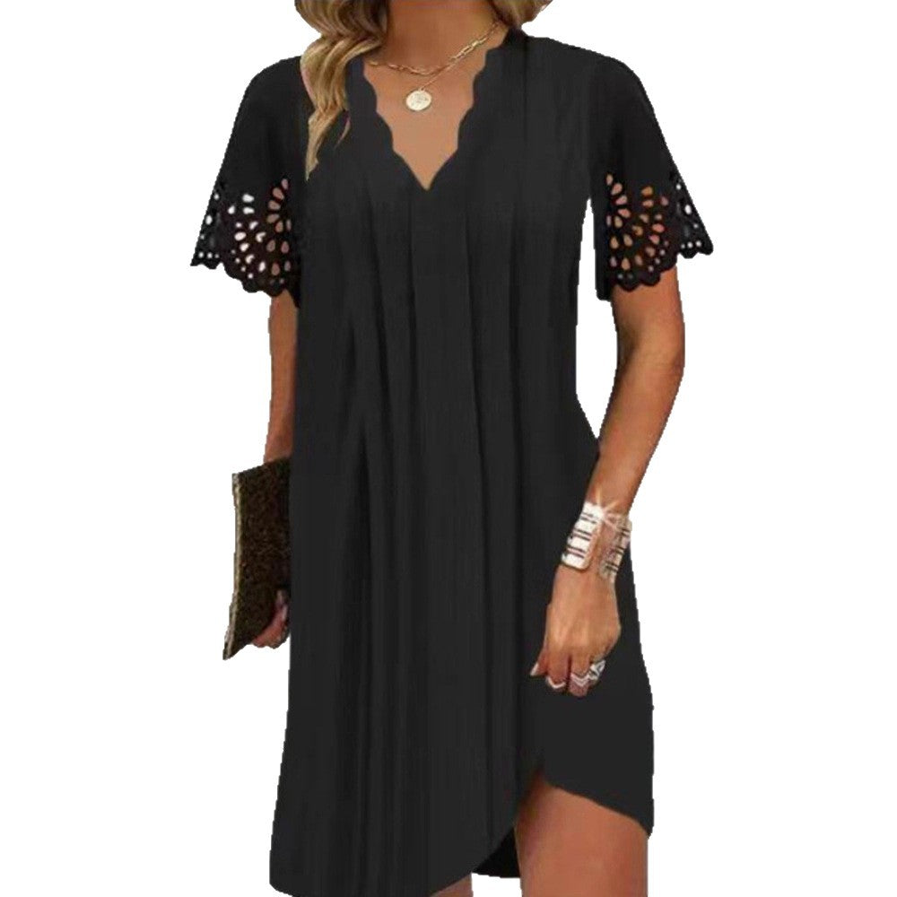 Ladies knee-length A-line dress with curved V-neck, lace sleeves, and side leg slit StylebySassy