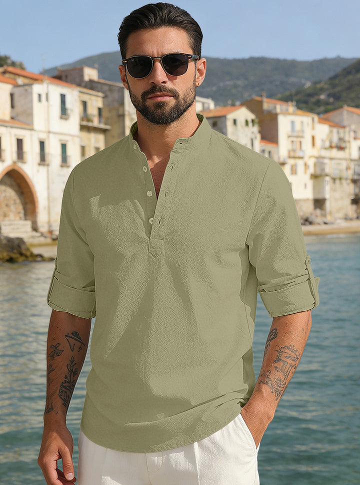 Men's lightweight half-button shirt made of linen blend with stand-up collar and roll-up sleeves StylebySassy