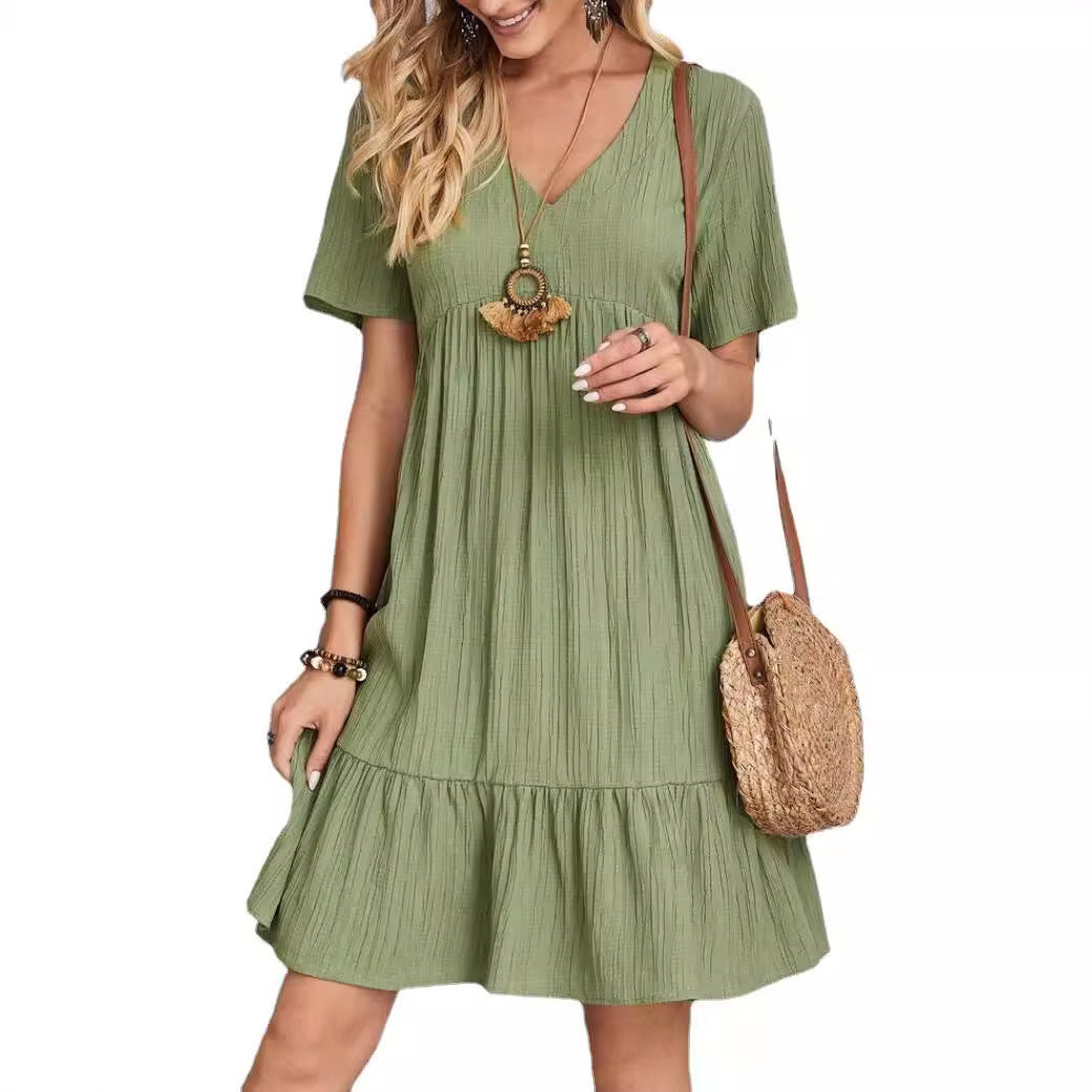 Ladies Nan Crepe Short Dress with V-Neck, Gathered Empire Seam and Ruffled Hem StylebySassy