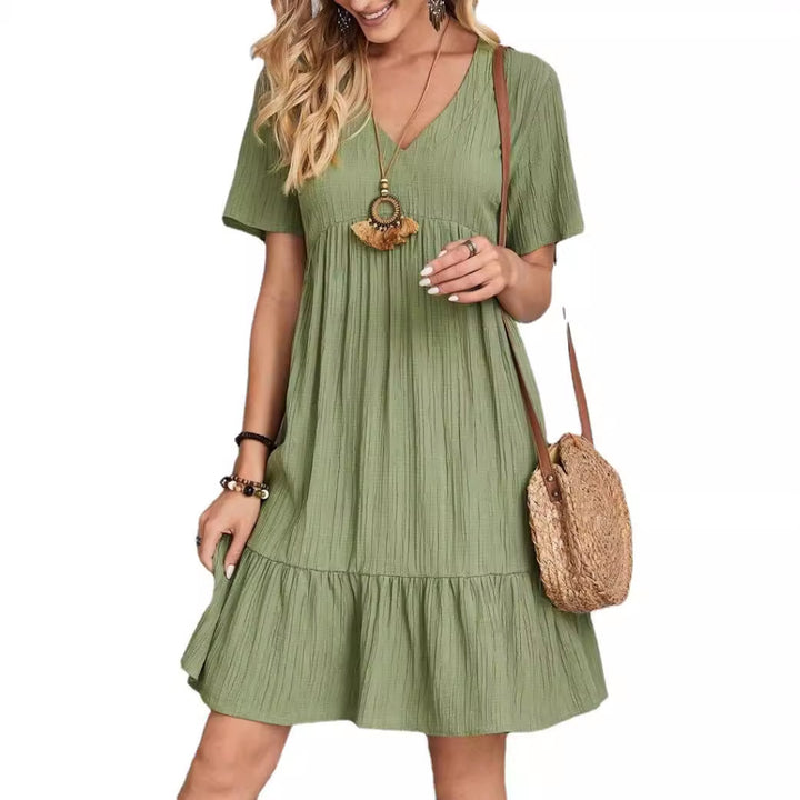 Ladies Nan Crepe Short Dress with V-Neck, Gathered Empire Seam and Ruffled Hem StylebySassy
