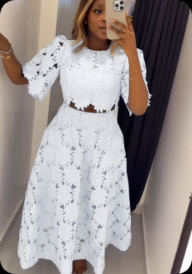 Women's two-piece floral lace dress with midi skirt and short top StylebySassy