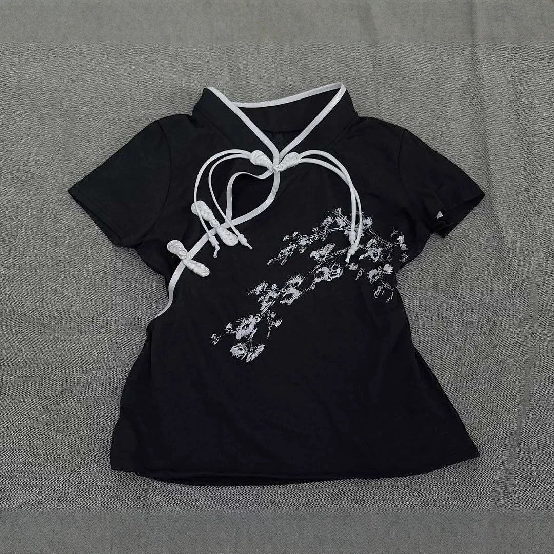 Women Modern Chinese Short Sleeve T-Shirt with Creative Knot Design StylebySassy