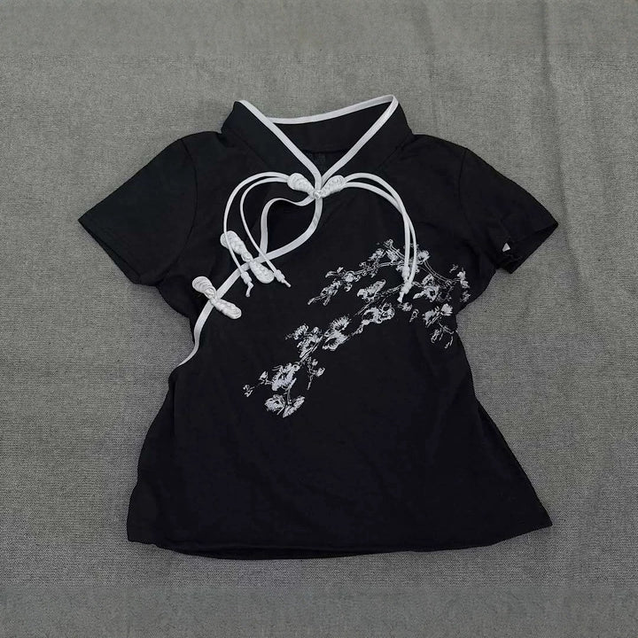 Women Modern Chinese Short Sleeve T-Shirt with Creative Knot Design StylebySassy