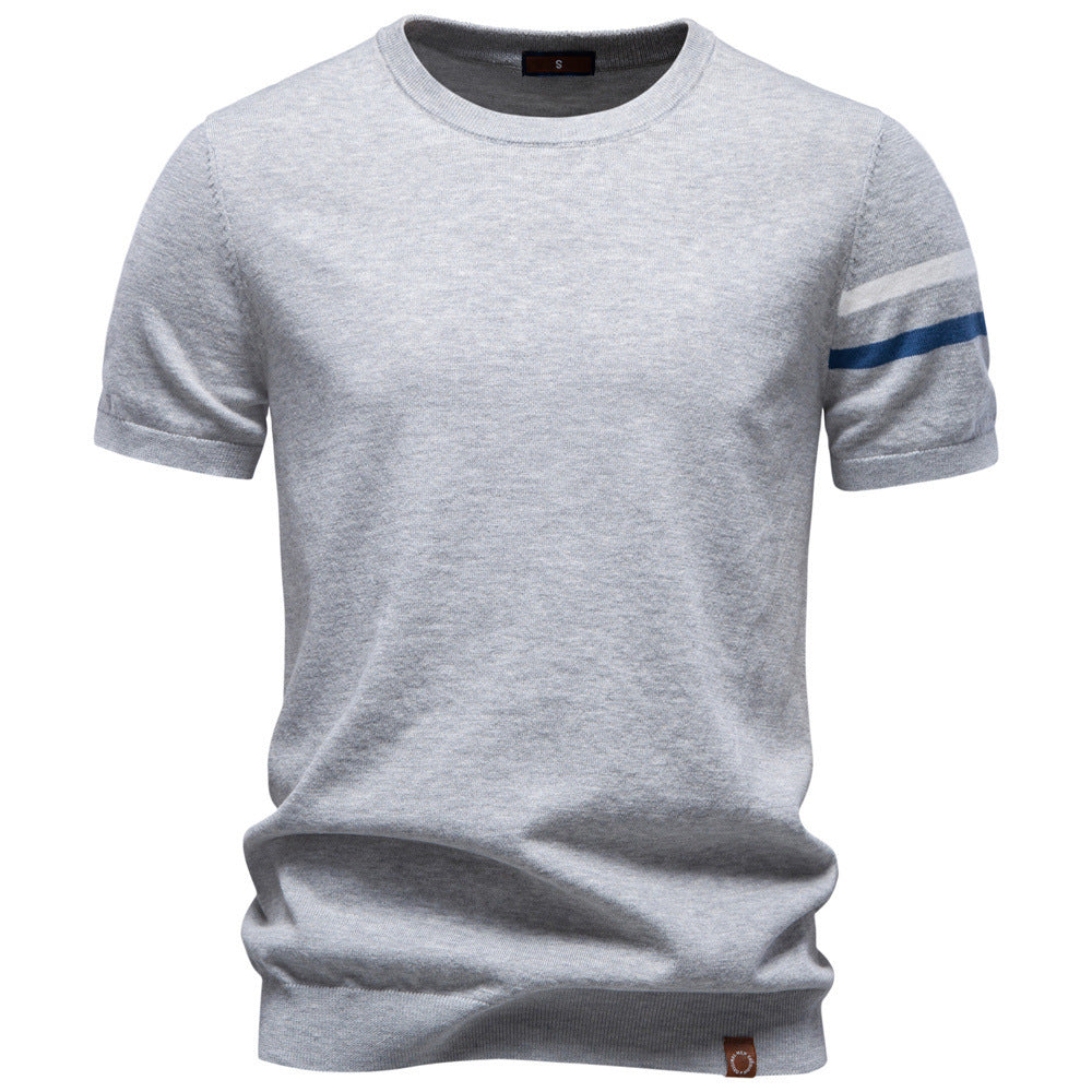 Men's fine cotton knit shirt with round neckline, short sleeves and contrasting sleeve stripes StylebySassy