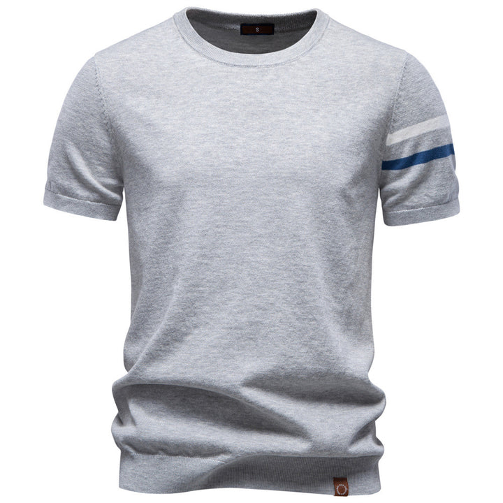 Men's fine cotton knit shirt with round neckline, short sleeves and contrasting sleeve stripes StylebySassy