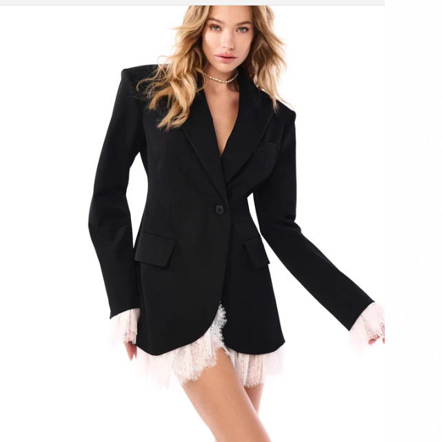 Women's longer tailored blazer coat with lapel collar and patch pockets StylebySassy