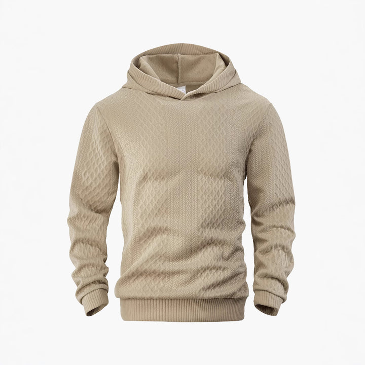 Men's structured funnel neck pullover with hood and honeycomb jacquard StylebySassy
