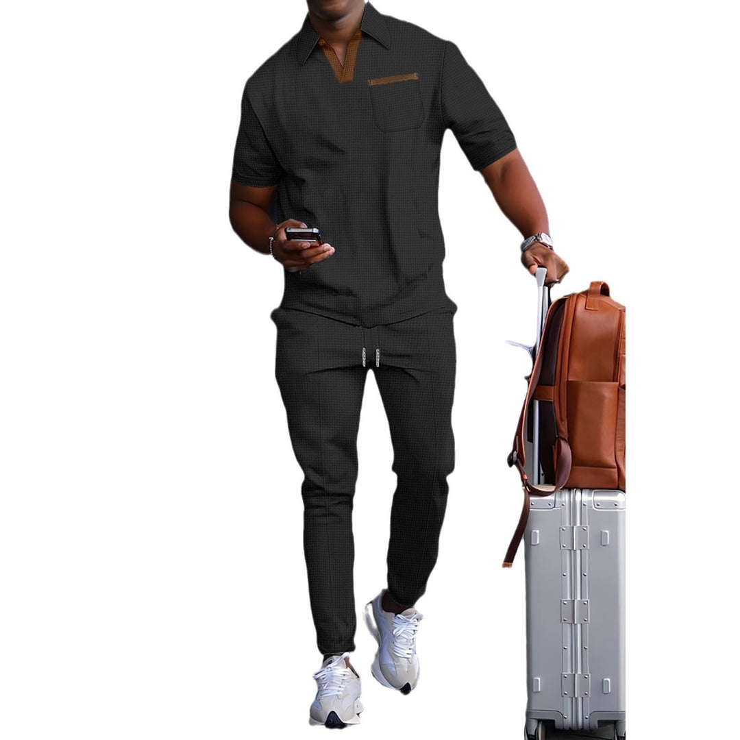 Men's casual leisure set made of elastic jersey with V-neck, chest pocket, and drawstring waistband StylebySassy