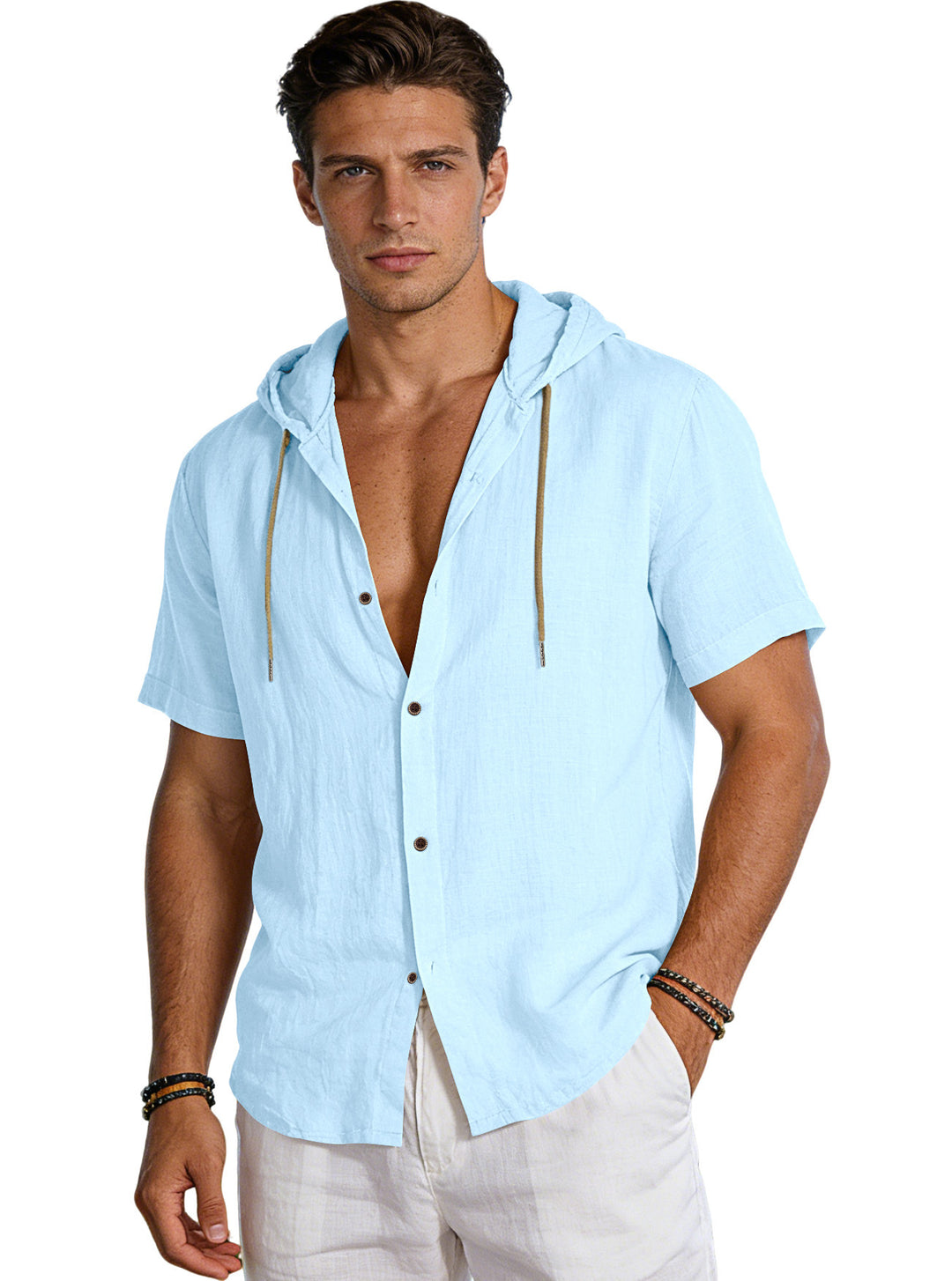 Men's tailored short-sleeve hooded shirt in textured linen look with wood look buttons and drawstring StylebySassy