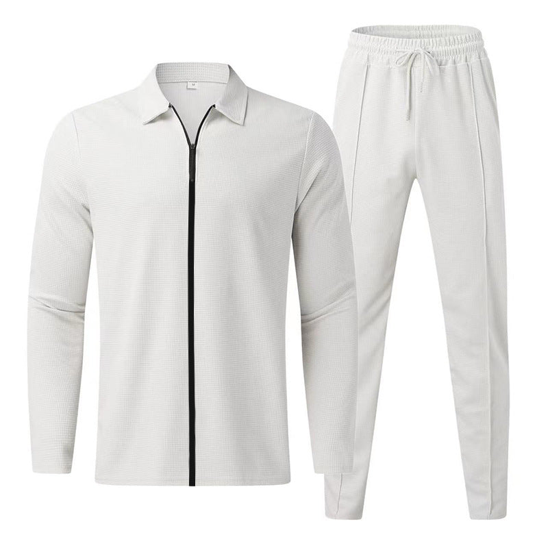 Men's casual waffle texture tracksuit with shirt collar, concealed zipper and drawstring pants StylebySassy