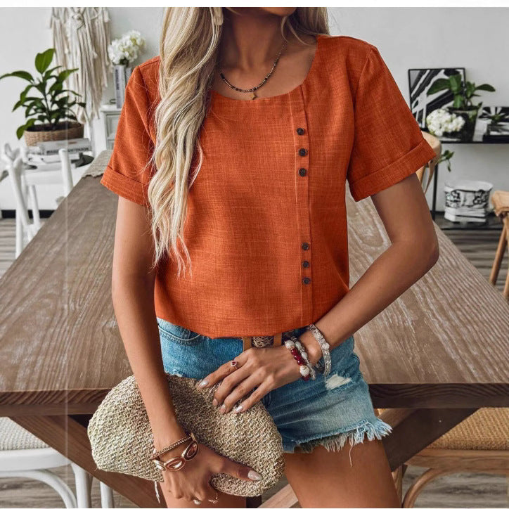 Women's bauchfreies linen-look top with asymmetrical button placket and rolled sleeves StylebySassy