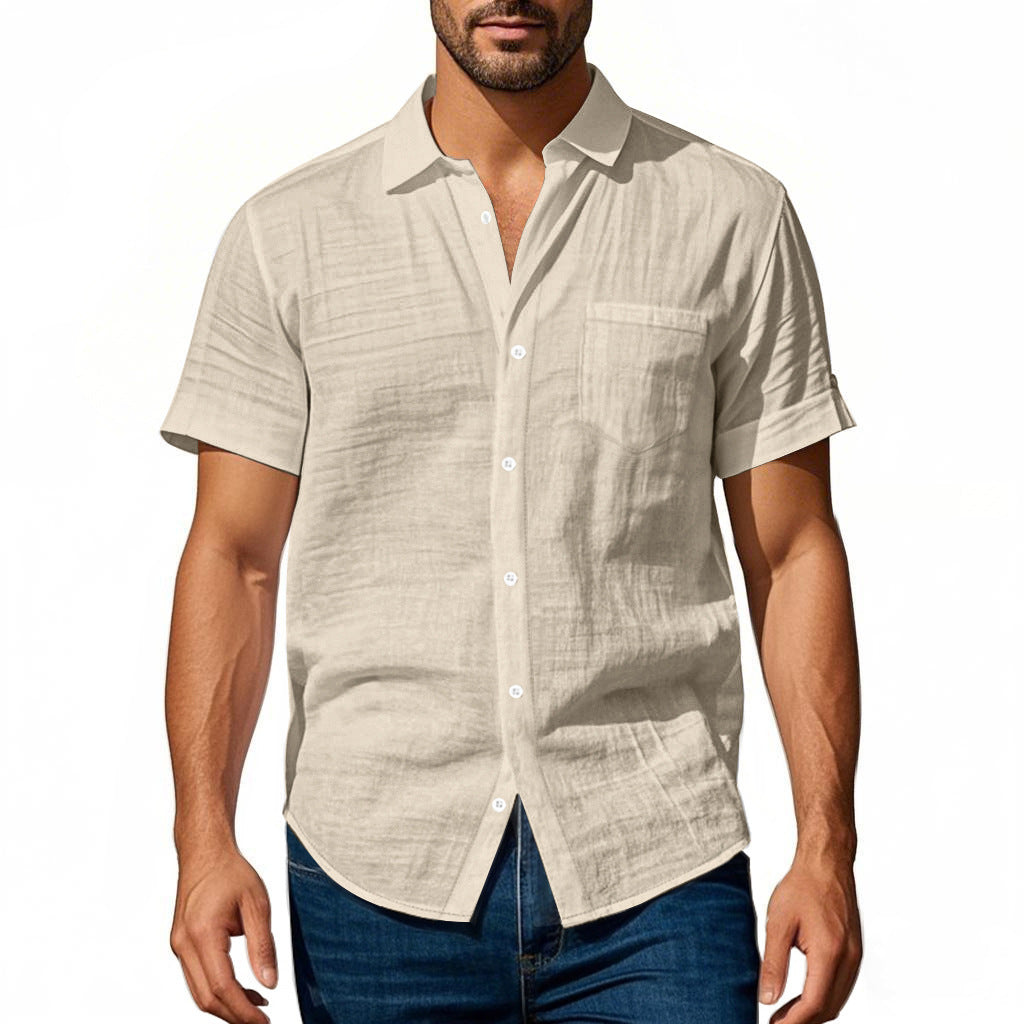Men's short-sleeved casual shirt made of linen blend with chest pocket and rounded hem StylebySassy