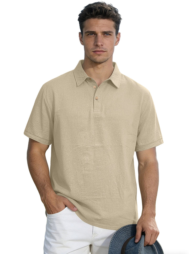 Men's short-sleeve polo with shirt collar, short button placket and structured cotton blend StylebySassy