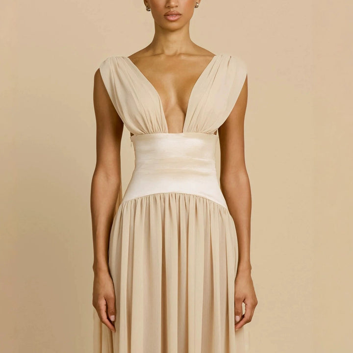 Women Elegant Long Sleeve Maxi Dress with Deep V-Neck StylebySassy