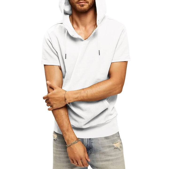 Men's casual short-sleeve hoodie shirt in a loose fit with kangaroo pocket and drawstring StylebySassy