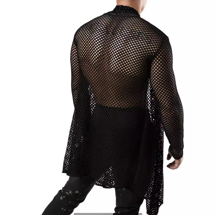 Men's longer crocheted net coat with open cut and figure-hugging fit StylebySassy