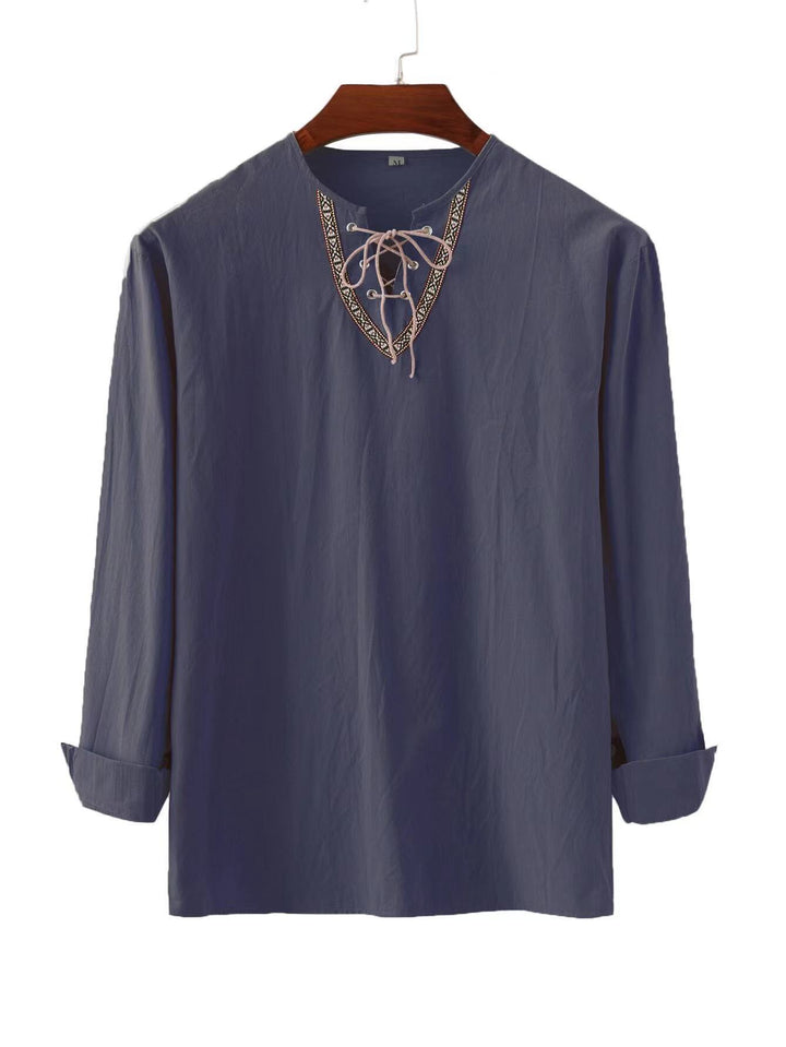 Men's linen tunic shirt with lacing and ethnic border StylebySassy