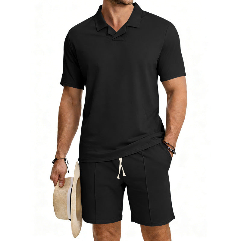 Men's short-sleeved polo lounge set with V-insert at the collar and drawstring bermuda StylebySassy