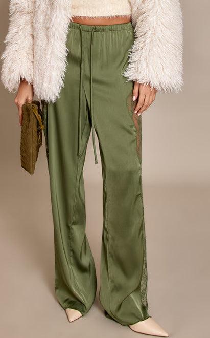 Women satin trousers with side lace inserts, wide leg and drawstring StylebySassy