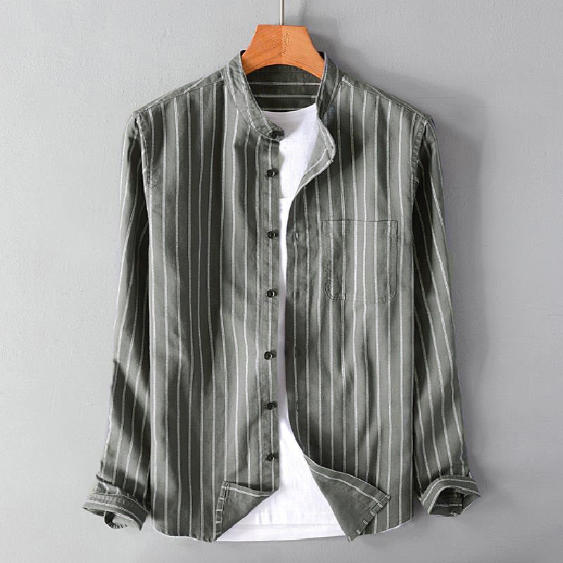 Men's casual striped stand-up collar shirt made of linen-cotton mix with chest pocket StylebySassy