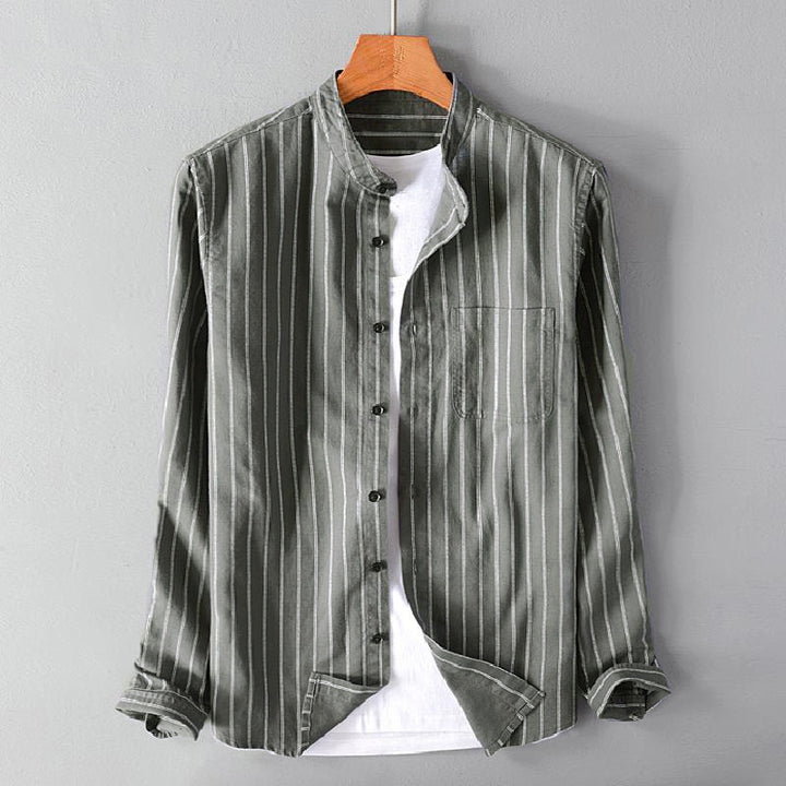 Men's casual striped stand-up collar shirt made of linen-cotton mix with chest pocket StylebySassy