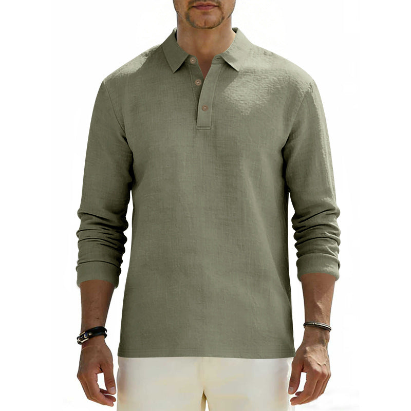 Men's long sleeve polo shirt made of cotton gauze with a shirt collar, three-button placket, and relaxed fit StylebySassy