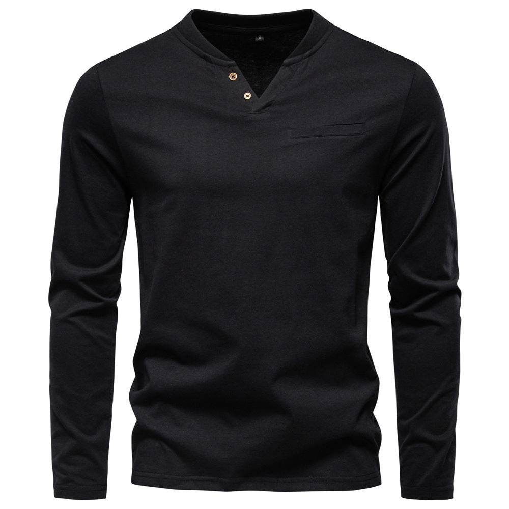 Men's tailored long sleeve shirt in Henley style with short V-neck, decorative buttons, and chest pocket StylebySassy