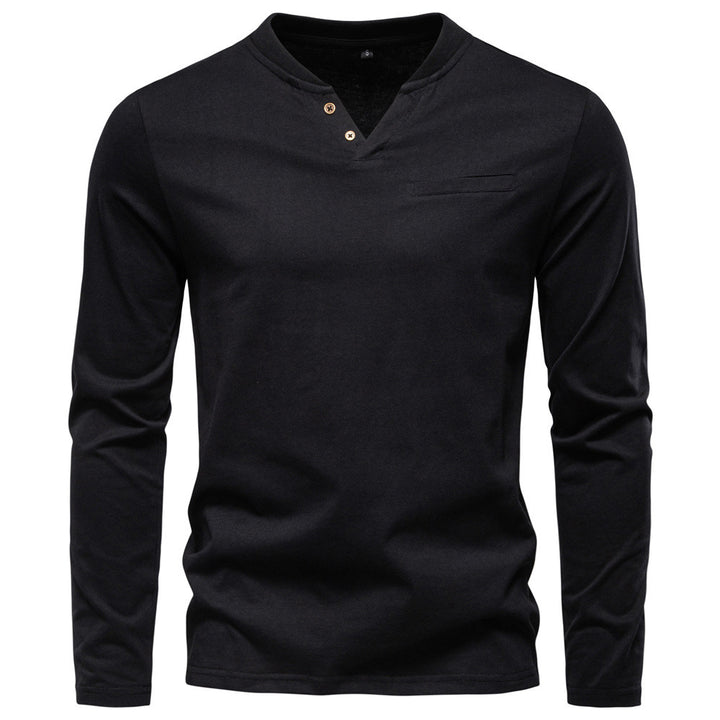 Men's tailored long sleeve shirt in Henley style with short V-neck, decorative buttons, and chest pocket StylebySassy