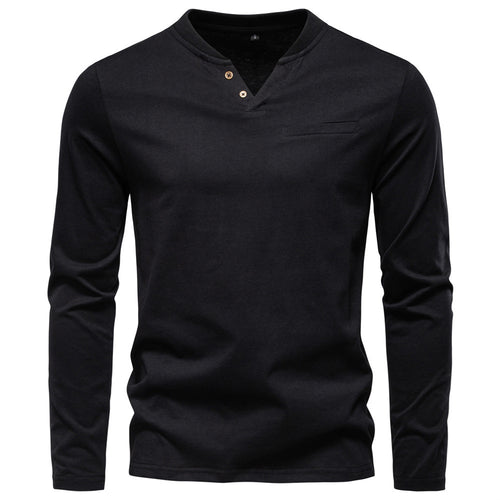 Men's tailored long sleeve shirt in Henley style with short V-neck, decorative buttons, and chest pocket StylebySassy