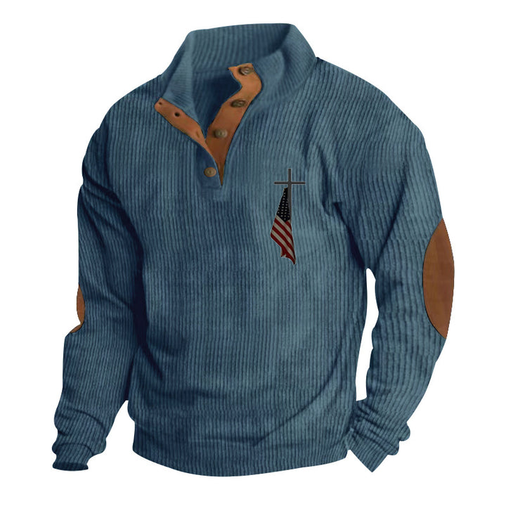 Men's structured troyer with faux leather elbow patches, V-button placket, and discreet emblem StylebySassy
