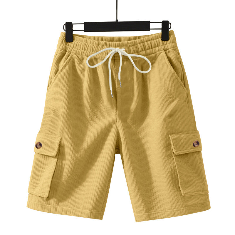 Men's cord cargo shorts with elastic drawstring waistband, patch cargo pockets, and soft cotton blend StylebySassy